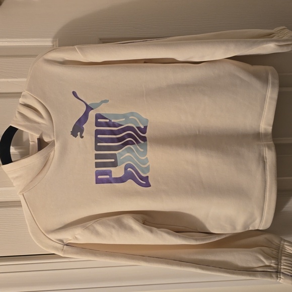 PUMA BRAND SIGNATURE GIRL'S WHITE & PURPLE PULLOVER HOODIE SIZE LARGE - Picture 1 of 16